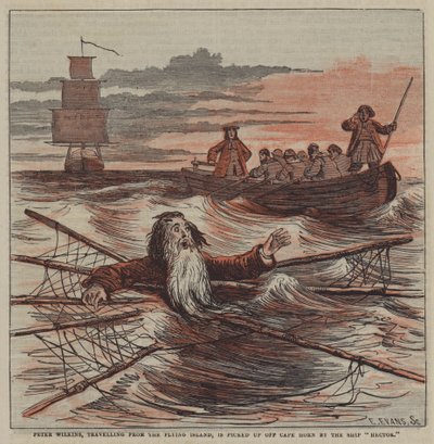 Peter Wilkins, der von der Fliegenden Insel reist, wird vor Kap Hoorn von dem Schiff "Hector" aufgenommen von after Hablot Knight Browne
