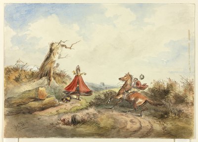 Pferd mit Reiter scheut vor Frau mit Hund von Hablot Knight Browne