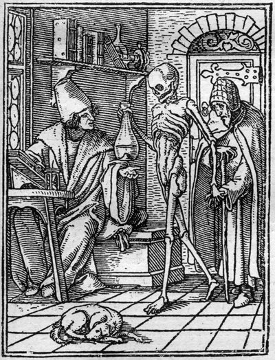 Die Simulakren des Todes von Hans Holbein dem Jüngeren: der Arzt. Der Tod kommt zwischen den Arzt und seinen Patienten. Gravur von Hans (after) Holbein the Younger