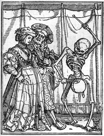 Die Simulakren des Todes von Hans Holbein dem Jüngeren (1497-1543): die Eheleute. Der Tod spielt die Trommel vor einem Paar. Gravur. von Hans (after) Holbein the Younger