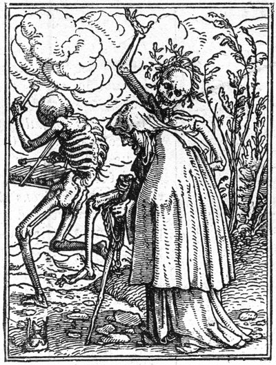 Die Simulakren des Todes von Hans Holbein dem Jüngeren (1497-1543): die Alte. Der Tod begleitet eine alte Dame zu ihrem Schicksal. Gravur. von Hans (after) Holbein the Younger