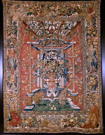 Flämischer Wandteppich. Serie Grotesken mit Affen: Affen schießen mit einer Arkebuse. Kartonzeichner Hans Vredeman de Vries (?). Atelier Seger Bombeck, Brüssel. 1542-1560. von Hans (after) Vredeman de Vries