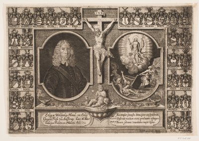 Gregers Friis til Ålstrup samt Christus am Kreuz und Christi Auferstehung. Umgeben von Wappenschildern von Hans Andreas Greys