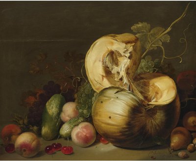 Stillleben mit einem Kürbis, Pfirsichen, Trauben, Kirschen und anderem Obst von Hans Bollongier