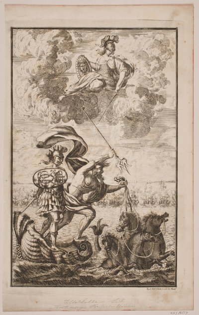 Neptun über das Meer fahrend. Titelblatt zu Fontenay, "Søe-Evolution"; Kopenhagen 1743 von Hans Henrich Christian Ulrich
