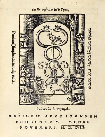 Druckermarke von Johann Frobens, zeigt zwei Hände, die den Hermesstab halten, aus der dritten Ausgabe von 