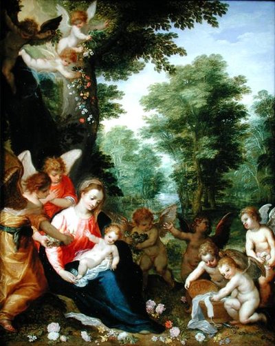 Madonna und Kind mit Engeln in einer Landschaft von Hans I or Johann Rottenhammer
