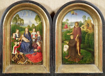 Diptychon von Jean du Cellier: Die Jungfrau und das Kind mit Heiligen und dem Stifter, präsentiert von Johannes dem Täufer, ca. 1490 von Hans Memling