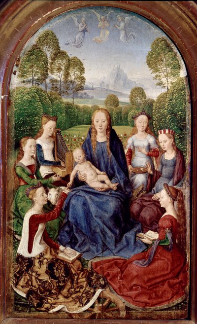 Diptychon von Jean du Cellier: Jungfrau und sechs Heilige von Hans Memling