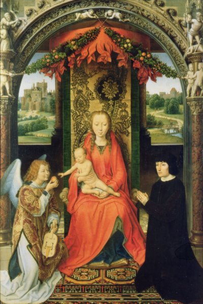 Madonna und Kind mit Stiftern und einem Engel, zentrales Panel eines Triptychons von Hans Memling