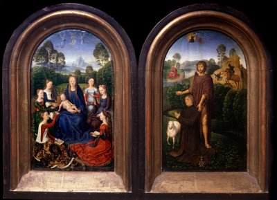 Die Jungfrau und das Kind, umgeben von Heiligen, dem Stifter und Johannes dem Täufer Diptychon von Hans Memling