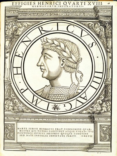 Henricus IIII, Illustration aus Imperatorum romanorum omnium orientalium et occidentalium verissimae imagines ex antiquis numismatis, Holzschnitt von Rudolph Wyssenbach, gedruckt von Andreas Gesner, Zürich von Hans Rudolf Manuel Deutsch