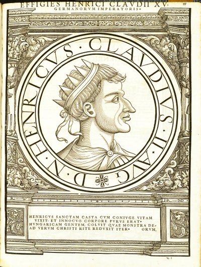 Henricus II Claudus, Illustration aus Imperatorum romanorum omnium orientalium et occidentalium verissimae imagines ex antiquis numismatis, Holzschnitt von Rudolph Wyssenbach, gedruckt von Andreas Gesner, Zürich von Hans Rudolf Manuel Deutsch