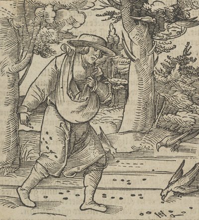 Die Vögel fressen die Samen des Sämanns, aus Hymmelwagen auff dem, wer wol lebt..., 1517 von Hans Schäufelein the Elder