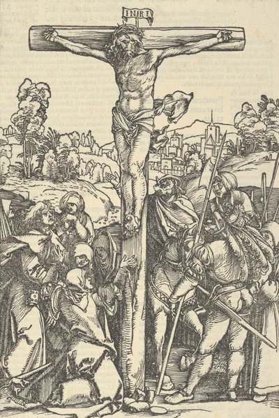 Die Kreuzigung, aus Der beschlossen gart des rosenkranzes marie, 1505 von Hans Schäufelein the Elder