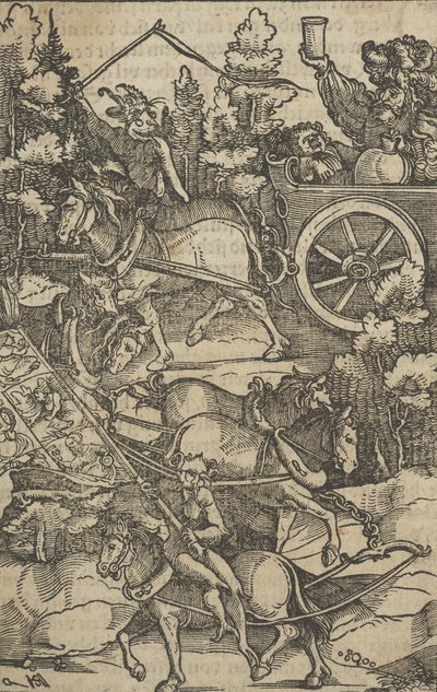 Der betrunkene Mann auf einem Wagen auf dem Weg zur Hölle, aus Hymmelwagen auff dem, wer wol lebt....., 1517 von Hans Schäufelein the Elder