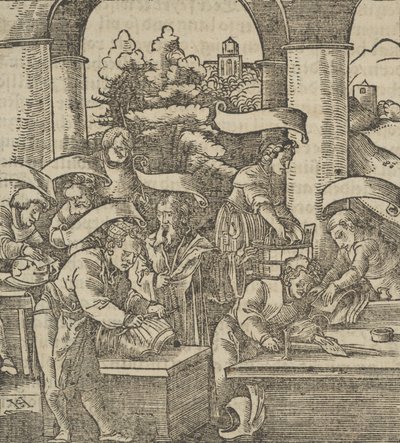 Die Herstellung von Rüstungen, aus Hymmelwagen auff dem, wer wol lebt..., 1517 von Hans Schäufelein the Elder