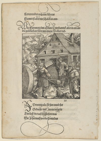 Von Fürwittig gedrängt, versucht Theuerdanck einen Polierstein zu manipulieren, aus Theuerdanck, 1517 von Hans Schäufelein the Elder