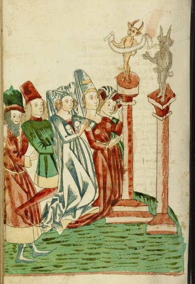 Eine Gruppe von Männern und Frauen betet zwei Idole an, 1469 von Hans Schilling