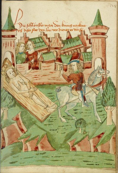 Ein nackter König, an ein Brett gebunden, wird aus der Stadt gezogen von Hans Schilling
