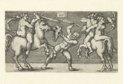 Kampf zwischen zwei Männern mit Frauen zu Pferd und einem stehenden Mann von Hans Sebald Beham