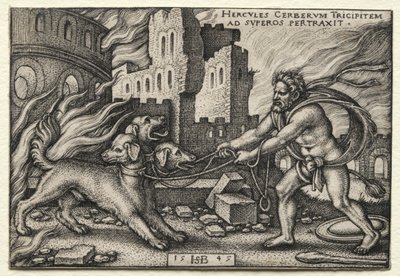 Die Arbeiten des Herkules: Herkules zieht Cerberus aus der Unterwelt von Hans Sebald Beham