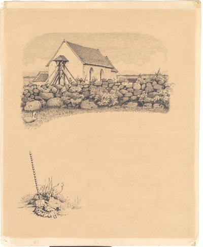 Illustration zu St. St. Blicher: "Mowns". V.o.: Kirche hinter Steinmauer; v.u.: Grabstätte (?) mit Spaten von Hans Smidth