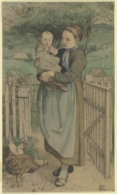 Bauernmädchen mit einem Kind auf dem Arm an einem Holzgitter stehend von Hans Thoma