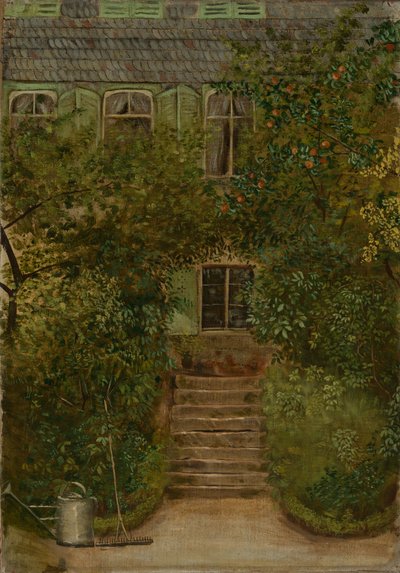 Garten eines Landhauses mit Gießkanne und Rechen von Hans Thoma