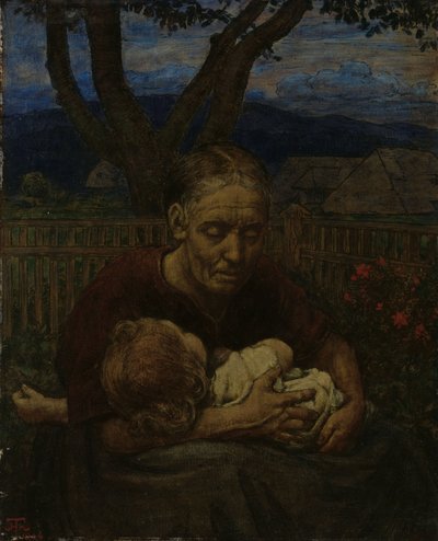 Mutter und Kind in einem Garten von Hans Thoma