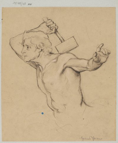 Studie eines nackten Mannes, bis zur Taille dargestellt, der einen Hammer hebt von Hans Thoma