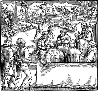 Gerichtsverhandlung. Illustration aus dem Buch Phisicke Against Fortune von Petrarca, 1532 von Hans Weiditz the Younger