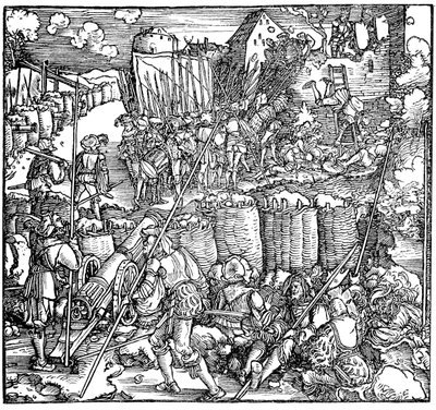 Belagerung einer Festung. Illustration aus dem Buch Phisicke Against Fortune von Petrarca, 1532 von Hans Weiditz the Younger