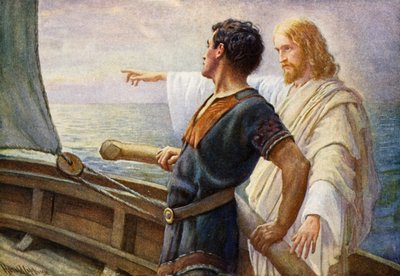 Lebenssonnenaufgang, Christus am Steuer (Farblithographie) von Harold Copping