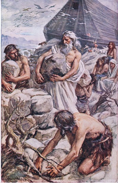 Noah baut seinen Altar, Illustration aus Bilder, die lehren Die Kronenserie, 1920 von Harold Copping