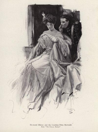 Zwei Charaktere, Desmond Ellery und die Gräfin Frina Mavrodin aus dem Roman Die Prinzessin Moritza von Percy Brebner von Harrison Fisher