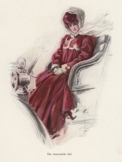 Junge Frau sitzt in einem Auto (Farblithografie) von Harrison Fisher