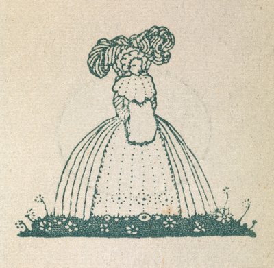 Illustration, die eine Frau zeigt, die ein großes Kleid trägt. von Harry Clarke
