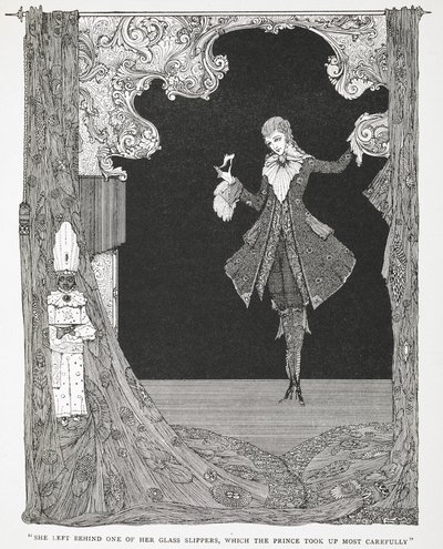 "Sie ließ einen ihrer Glasschuhe zurück, den der Prinz sehr sorgfältig aufhob." Illustration zur Geschichte 