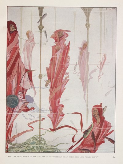 Der sterbende Patriot. "Und die Toten in Rot gekleidet und Seelilien darüber schwanken, wenn die langen Winde wehen" von Harry Clarke