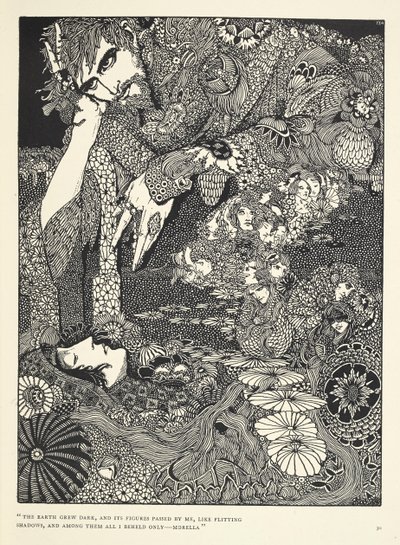 „Die Erde wurde dunkel, und ihre Gestalten zogen an mir vorbei, wie flüchtige Schatten ... Morella.“ Illustration zur Geschichte 