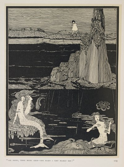 Beinahe! "Ganz allein, zwischen diesen Felsen - eines Nachts wäre ich fast!" Drei Meerjungfrauen von Harry Clarke
