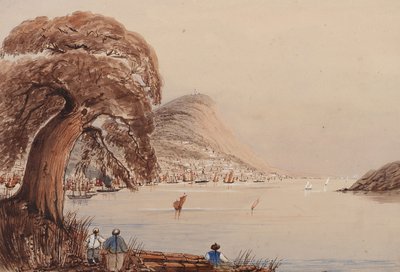 Ansicht einer Küstenstadt mit Baum und Figuren im Vordergrund von Harry Edmond Edgell