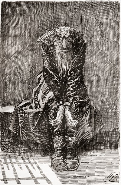 Fagin in der Todeszelle. "Er setzte sich auf eine Steinbank gegenüber der Tür, die als Sitz und Bett diente, und warf seine blutunterlaufenen Augen auf den Boden, um seine Gedanken zu sammeln." Illustration von Harry Furniss für den Roman von Charles Dicke von Harry Furniss