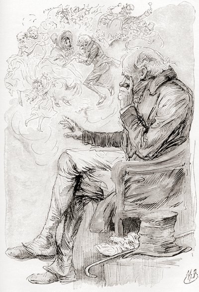 Trottys Traum. "Hatte Trotty geträumt? Oder sind seine Freuden und Sorgen, und die Schauspieler darin, nur ein Traum; er selbst ein Traum; der Erzähler dieser Geschichte ein Träumer, der gerade jetzt erwacht?" Illustration von Harry Furniss für die Kurzges von Harry Furniss
