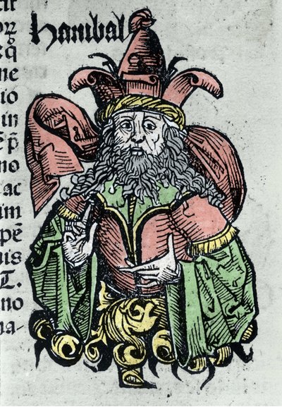 Porträt von Hannibal oder Annibal Barca (247 v. Chr. - 183 v. Chr.), karthagischer General und Staatsmann. Xylographie aus den „Chroniken von Nürnberg“ von Hartmann Schedel von Hartmann Schedel