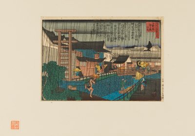 Holzschnitt - Regenszene in Kita-Shinchi in Osaka. Menschen mit Regenschirmen, 19. Jahrhundert von Hasegawa Sadanobu
