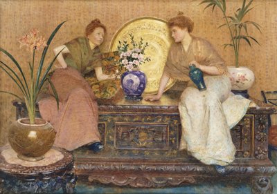 Zwei Damen sitzen auf einer Truhe bei einem Kairo-Ware-Tablett und einer Vase mit Blumen von Hector Caffieri
