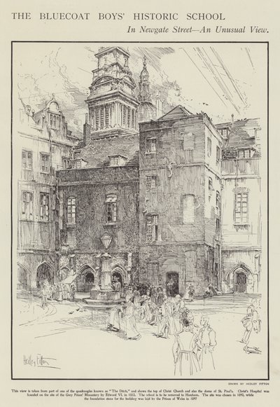 Die historische Schule der Bluecoat Boys in der Newgate Street, London (Lithografie) von Hedley Fitton