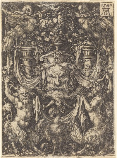 Ornament mit Maske, Adler zwischen Satyrn unten, 1549 von Heinrich Aldegrever